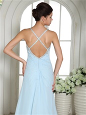 Lightest Baby Blue Spaghetti Straps Side Slit Prom Dress Crossed Back