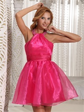 Beading Halter Strap Shiny Organza Hot Pink Cocktail Wear