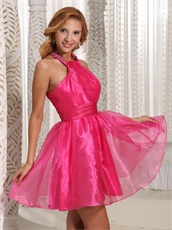 Beading Halter Strap Shiny Organza Hot Pink Cocktail Wear