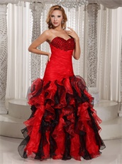 Amazing Sheath Black and Red Organza Ruffles Prom Gowns Decent