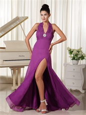 Halter V Neck Purple Chiffon Prom Dress Floor-length Slit Skirt