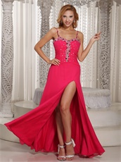 Spaghetti Straps Hot Pink Women Nightclub Dress With Sexy Left Slit