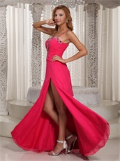 Spaghetti Straps Hot Pink Women Nightclub Dress With Sexy Left Slit