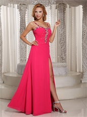 Spaghetti Straps Hot Pink Women Nightclub Dress With Sexy Left Slit