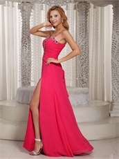 Spaghetti Straps Hot Pink Women Nightclub Dress With Sexy Left Slit