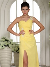 Stylish Bright Yellow One Shoulder Carnival Prom Dress Long With Slit