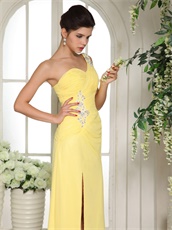 Stylish Bright Yellow One Shoulder Carnival Prom Dress Long With Slit