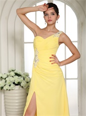 Stylish Bright Yellow One Shoulder Carnival Prom Dress Long With Slit