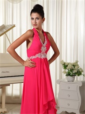 Coral Chiffon Halter Zipper-up Long Prom Gown Factory Direct Shipping