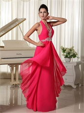 Coral Chiffon Halter Zipper-up Long Prom Gown Factory Direct Shipping