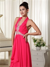 Coral Chiffon Halter Zipper-up Long Prom Gown Factory Direct Shipping