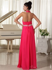 Coral Chiffon Halter Zipper-up Long Prom Gown Factory Direct Shipping