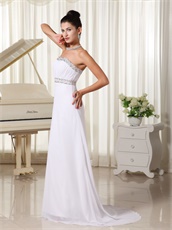 Strapless Silver Beading White Prom Dress And Gown Brush Train