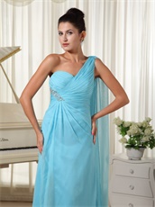 Aqua Blue Evening Dinner Dress Single Strap Streamer Shoulder Watteau Train