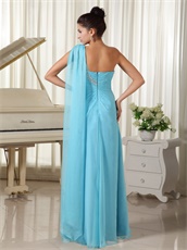 Aqua Blue Evening Dinner Dress Single Strap Streamer Shoulder Watteau Train