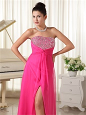 Strapless Silver Beading Hot Pink Prom Dress Middle Slit Long Skirt