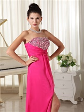 Strapless Silver Beading Hot Pink Prom Dress Middle Slit Long Skirt