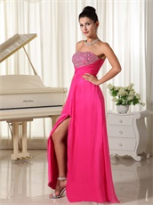 Strapless Silver Beading Hot Pink Prom Dress Middle Slit Long Skirt