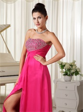 Strapless Silver Beading Hot Pink Prom Dress Middle Slit Long Skirt