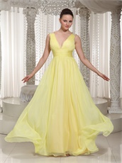 Light Yellow Chiffon Stage Dancers Partner Quality Prom Dresses V Neck