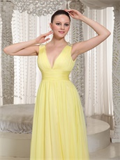 Light Yellow Chiffon Stage Dancers Partner Quality Prom Dresses V Neck