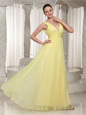 Light Yellow Chiffon Stage Dancers Partner Quality Prom Dresses V Neck