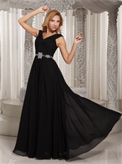 Crossed Tie On Chest Black Chiffon Mother Evening Gowns Beading Belt