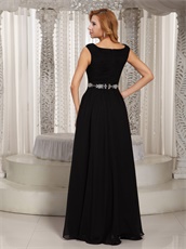 Crossed Tie On Chest Black Chiffon Mother Evening Gowns Beading Belt