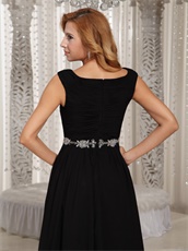 Crossed Tie On Chest Black Chiffon Mother Evening Gowns Beading Belt