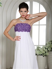 Purple Bodice Pure White Chiffon Skirt Prom Dress Empire Look Slimmer