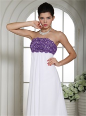 Purple Bodice Pure White Chiffon Skirt Prom Dress Empire Look Slimmer