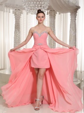 Watermelon Knee Length Chiffon High Low Party Gowns With Waist Layers Cloak