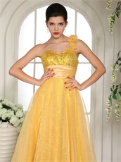 Yellow One Shoulder Strapless Party Dress With Sparkling Sequin Lining