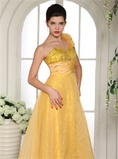 Yellow One Shoulder Strapless Party Dress With Sparkling Sequin Lining