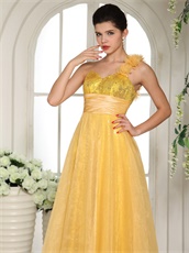 Yellow One Shoulder Strapless Party Dress With Sparkling Sequin Lining