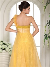 Yellow One Shoulder Strapless Party Dress With Sparkling Sequin Lining