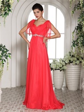 Coral Red Square Wing Sleeves Design Evening Party Dress V Shaped Back