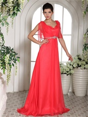Coral Red Square Wing Sleeves Design Evening Party Dress V Shaped Back