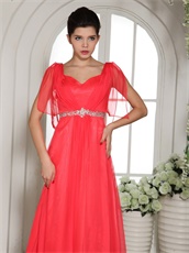 Coral Red Square Wing Sleeves Design Evening Party Dress V Shaped Back