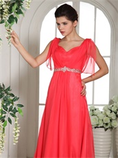 Coral Red Square Wing Sleeves Design Evening Party Dress V Shaped Back