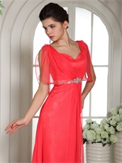 Coral Red Square Wing Sleeves Design Evening Party Dress V Shaped Back