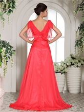 Coral Red Square Wing Sleeves Design Evening Party Dress V Shaped Back