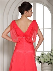 Coral Red Square Wing Sleeves Design Evening Party Dress V Shaped Back