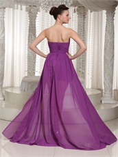 Ruching Purple Chiffon Prom Dress High-low Flowing Cloak From Waist