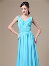 Aqua Blue V-neck Chiffon Modest Mum Prom Dress For Wedding Party