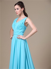 Aqua Blue V-neck Chiffon Modest Mum Prom Dress For Wedding Party