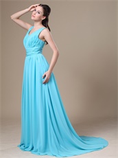 Aqua Blue V-neck Chiffon Modest Mum Prom Dress For Wedding Party