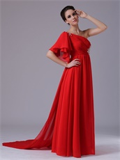 Red Chiffon Single Shoulder Trumpet Ruffle Sleeve Prom Dress For Sale