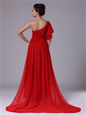 Red Chiffon Single Shoulder Trumpet Ruffle Sleeve Prom Dress For Sale