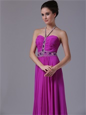 Spaghetti Halter Strap Purple Chiffon Prom Night Dress With Crystals